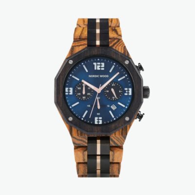 Poseidon Wooden Watch 45 mm – Zebrano Wood, Wood & Stainless Steel Bracelet