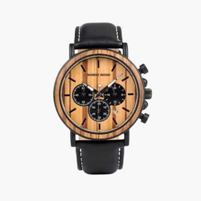 Zebra Wood Wooden Watch 44 mm – Zebrano Wood, Vegan Leather Strap