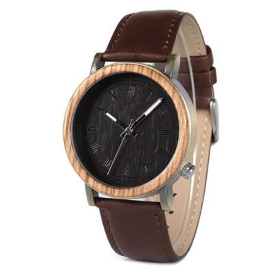 Aniègre Men’s Wooden Watch 42.5 mm – Metal, Wood & Leather